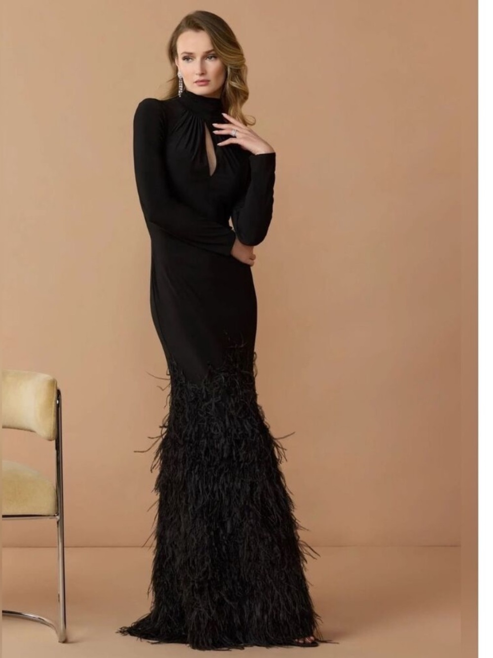 MAC DUGGAL 11839 Black Jersey Long Sleeve High Neck Feather Gown size 16 NWT
